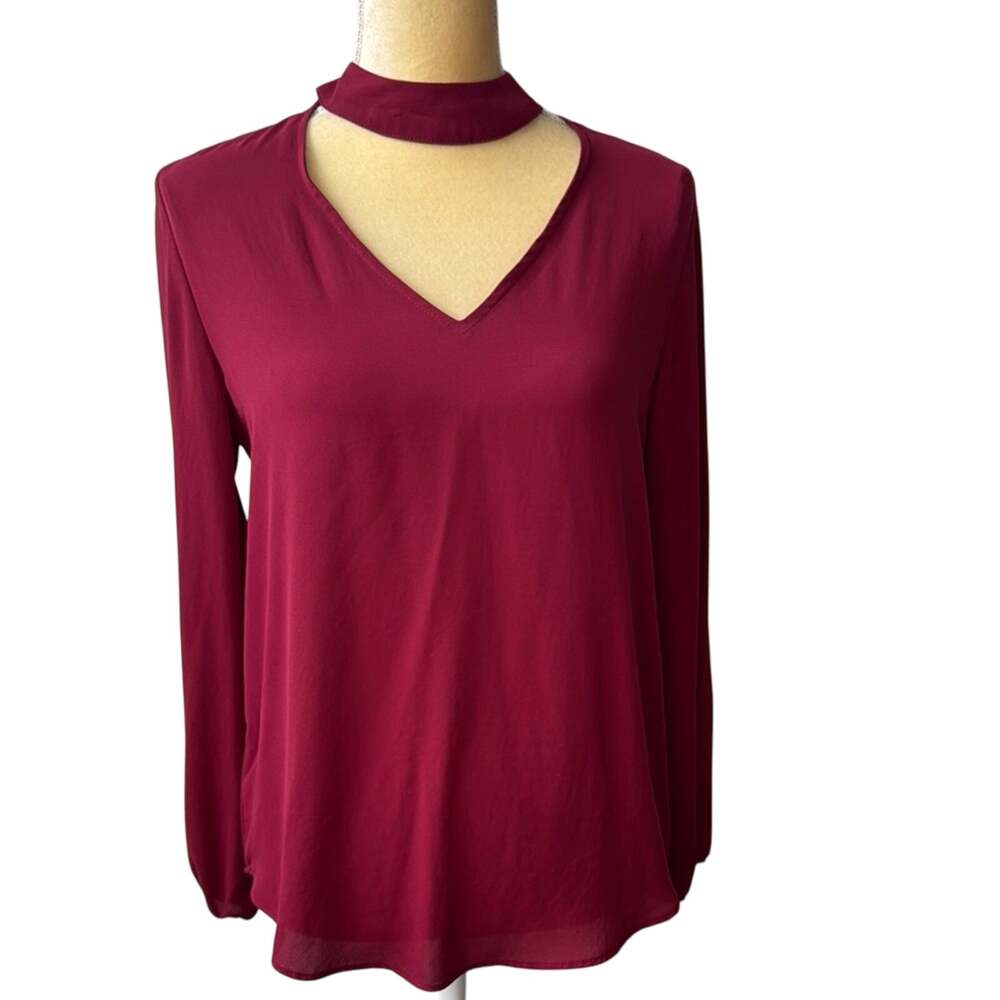 Burgundy V-Neck Choker Top Chiffon Long Sleeves Beautiful Drape by Veronica M.